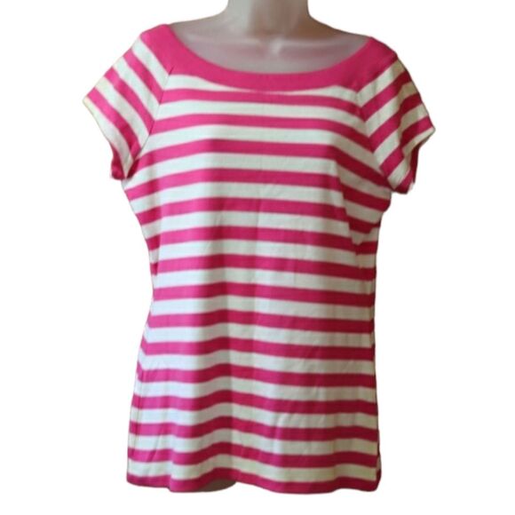 Dress Barn Pink & White Striped Boat Neck Shirt Top Blouse LG - Picture 1 of 8
